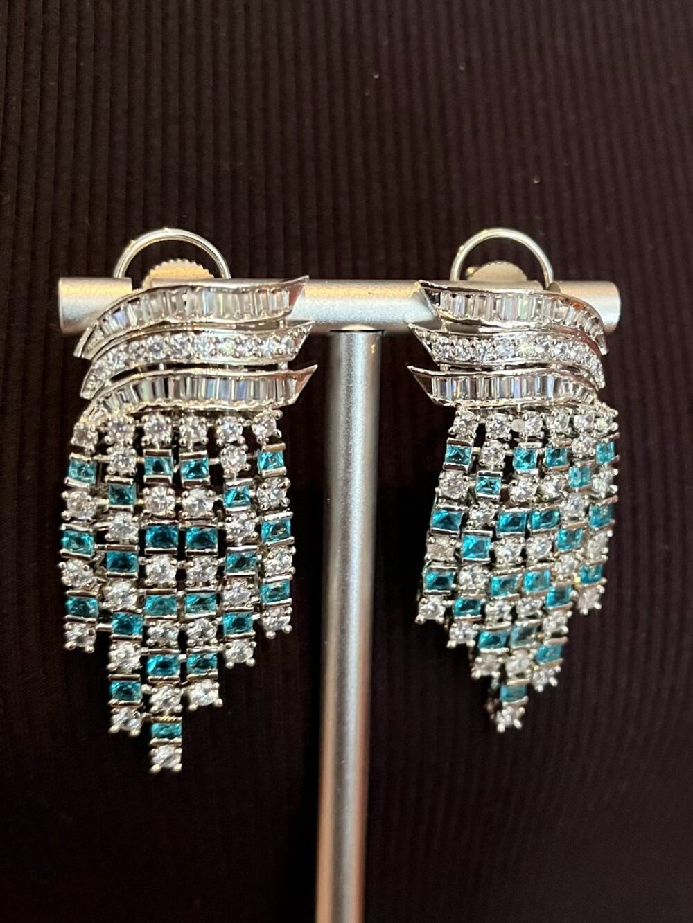 Blue and White Rhodium Plated Cubic Zirconia Earrings Stud